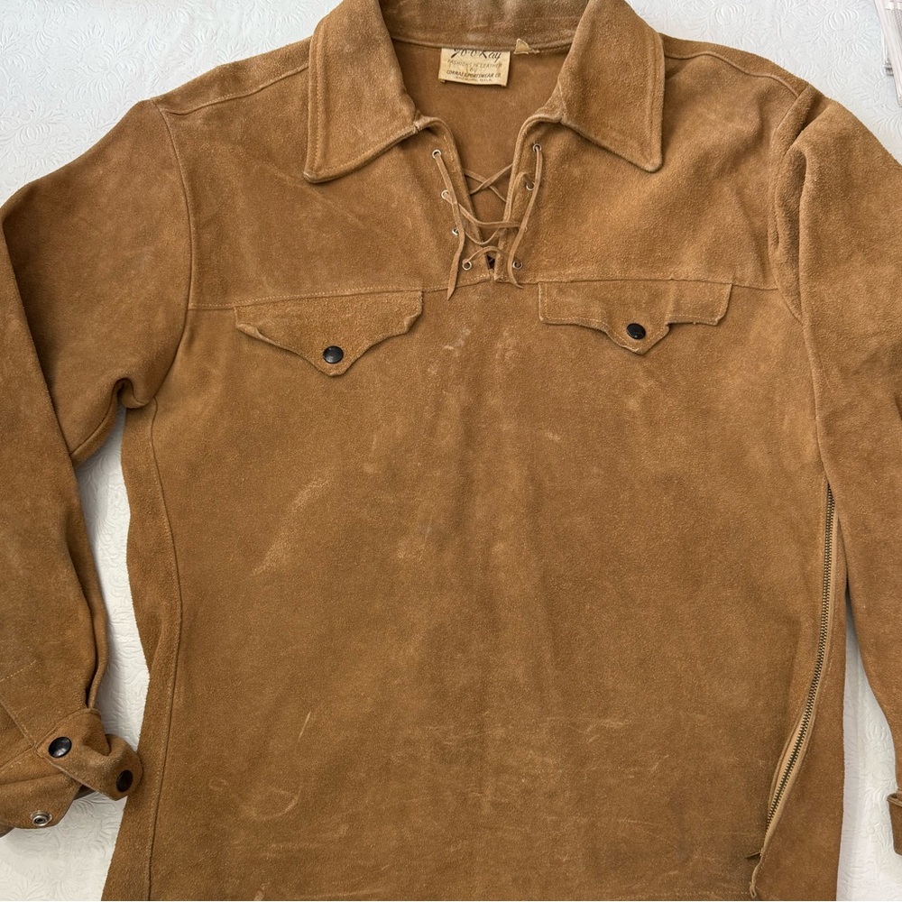 Vintage Brown Leather Suede Lace-Up Shirt size 38 Medium USA Western Hobo Men’s